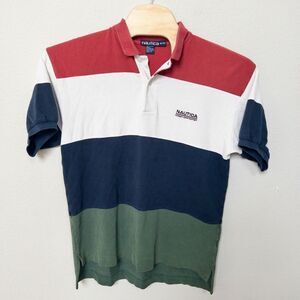 Vintage 90’s Nautica‎ Color block Polo Mens XL Pin Hole On Sleeve